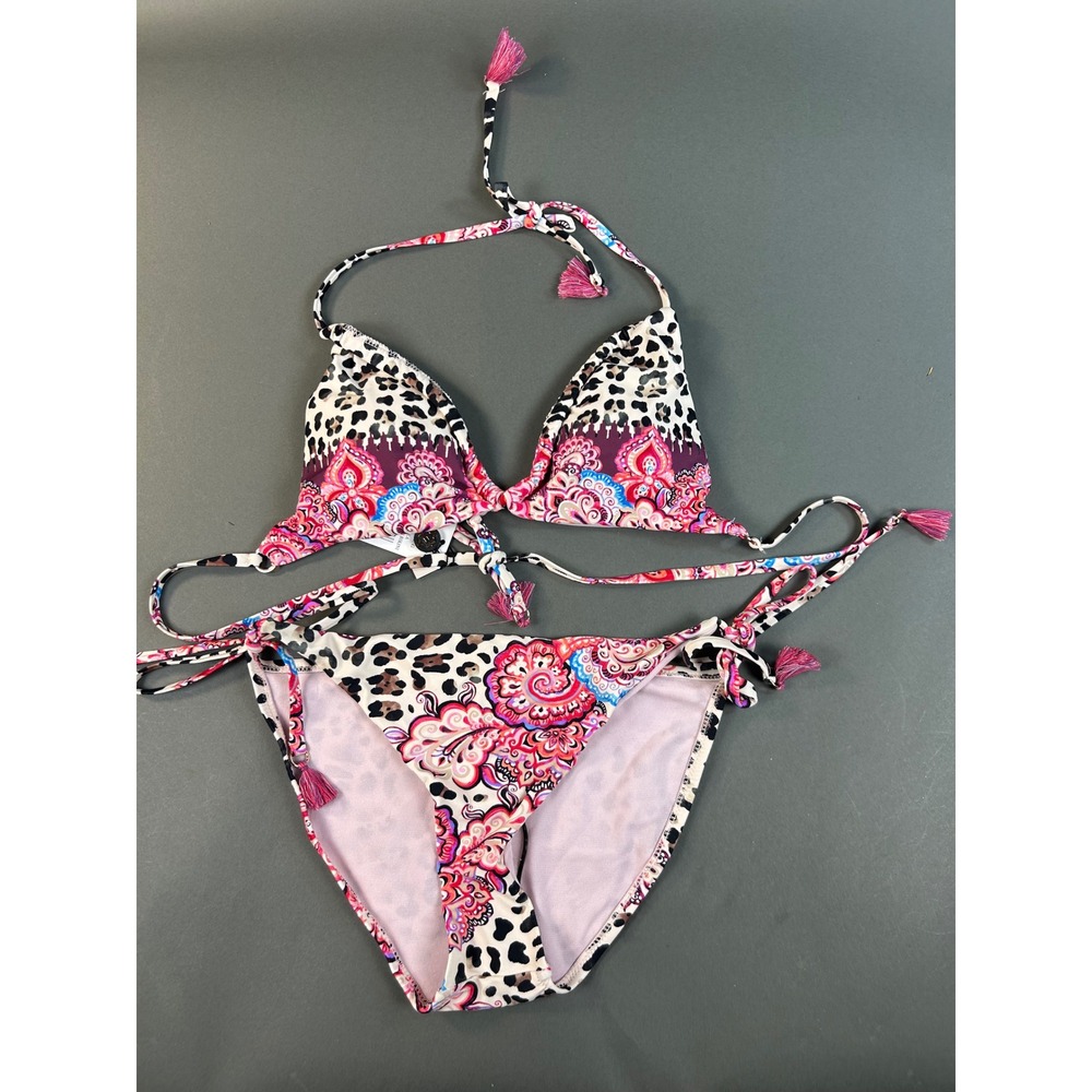Nanette Lepore Azalea Bikini Set Leopard Paisley Tassel Pink Blue Womens 12 NEW - Picture 2 of 8